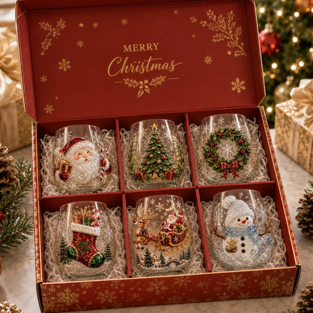 6-Piece 3D Christmas Wine Glass Gift Set – Festive Holiday Goblets