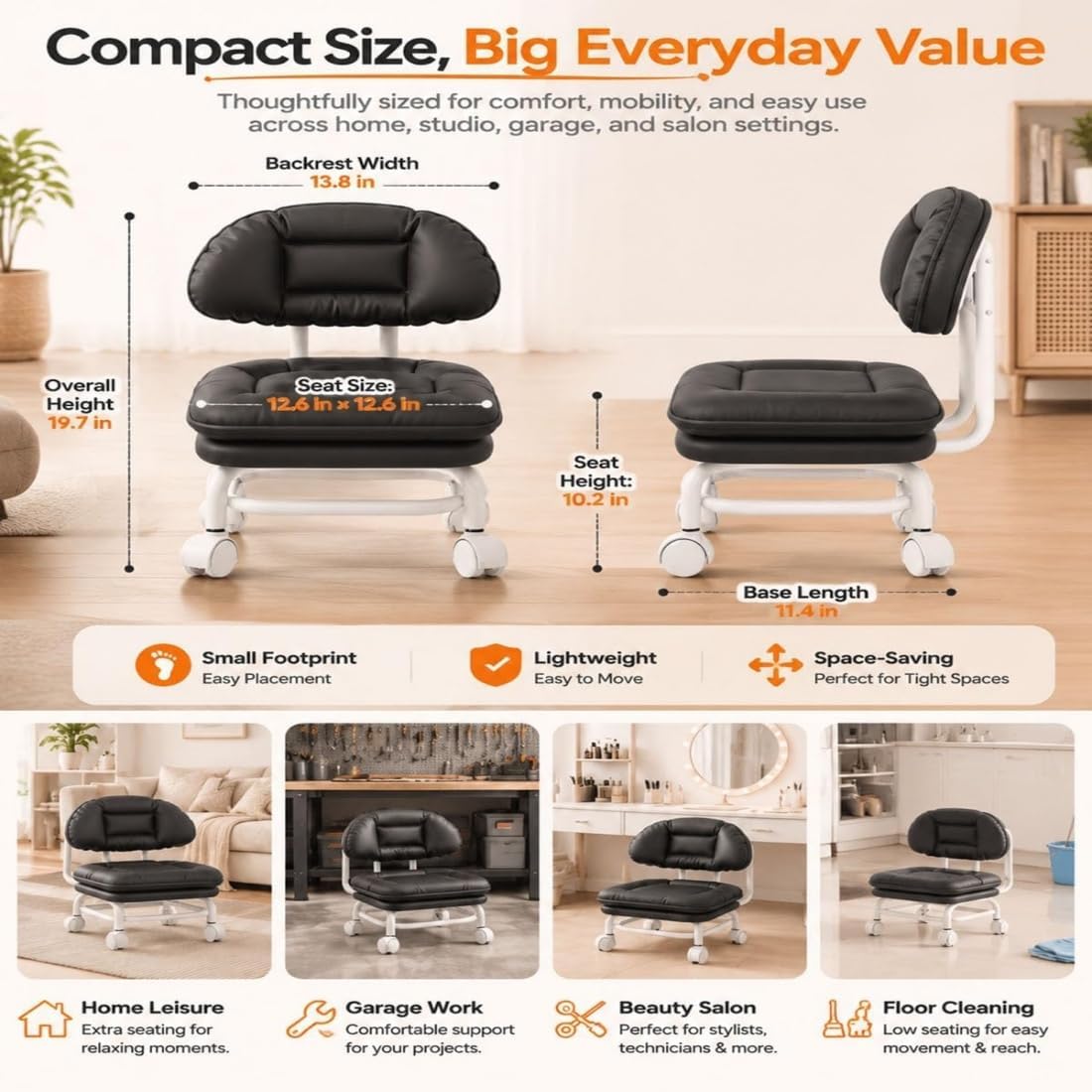 360° Swivel Rolling Low Stool with Backrest | Silent Wheeled Ergonomic Low Seat for Garage, Home, Salon & Baby Care