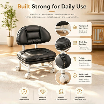 360° Swivel Rolling Low Stool with Backrest | Silent Wheeled Ergonomic Low Seat for Garage, Home, Salon & Baby Care