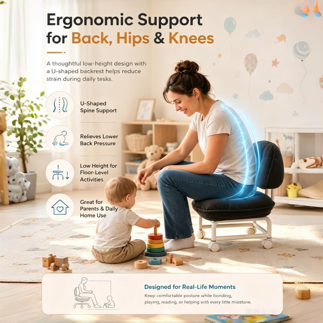 360° Swivel Rolling Low Stool with Backrest | Silent Wheeled Ergonomic Low Seat for Garage, Home, Salon & Baby Care