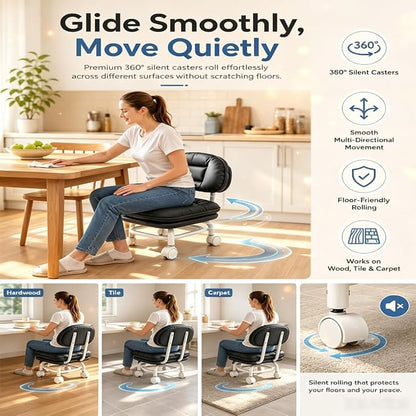 360° Swivel Rolling Low Stool with Backrest | Silent Wheeled Ergonomic Low Seat for Garage, Home, Salon & Baby Care